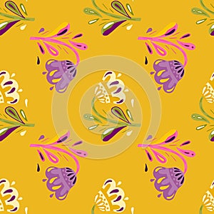 Purple and pink folk flower ornament seamless pattern. Nature print with orange bright background