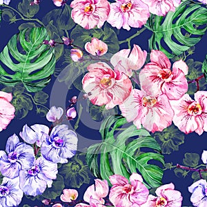 Purple and pink orchid flowers and green monstera leaves on dark blue background. Seamless floral pattern. Watercolor painting.