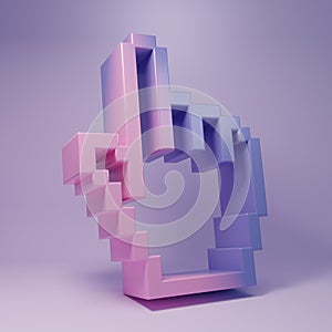 Purple Pixel hand cursor icon isolated on purple background. Pointer hand cursor. Minimalism concept. 3D render
