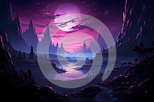 Purple Pixel Landscape Featuring a Large Moon Over Mountains and Water Reflection in a Serene Fantasy Nighttime Scene photo