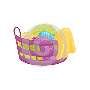 Purple plastic basket full of clean or dirty linens and blankets. Laundry theme. Flat vector design.