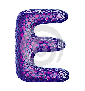 Purple plastic letter E with abstract holes. 3d