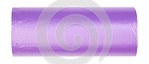 Purple plastic polyethylene trash bag roll isolated over the white background