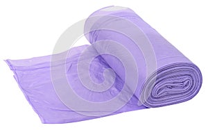 Purple plastic trash bags with strings on white background, close up