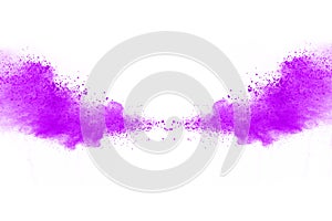 Purple powde explosion on white background.