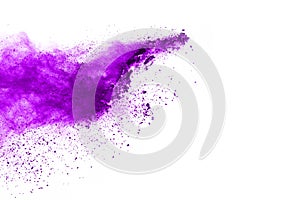 Purple powder explosion on white background.