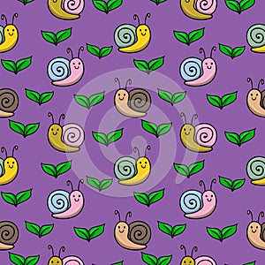 Purple print, Colorful cute little snails crawling among plants, seamless square pattern