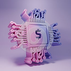 Purple Processor chip with dollar icon isolated on purple background. CPU, central processing unit, microchip