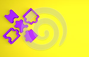 Purple Puzzle pieces toy icon isolated on yellow background. Minimalism concept. 3D render illustration