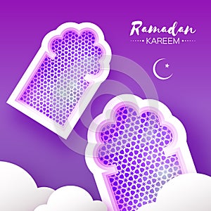 Purple Ramadan Kareem. 2 Origami Mosque Window. Holy month. Paper cut Cloud. Space for text