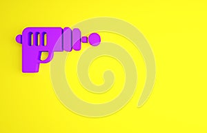 Purple Ray gun icon isolated on yellow background. Laser weapon. Space blaster. Minimalism concept. 3d illustration 3D