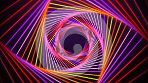 Purple Red And Yellow Abstract Infinite Geometric Tunnel Glowing Light Square Twisted Lines Pattern
