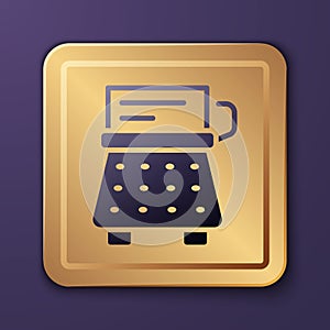 Purple Retro typewriter and paper sheet icon isolated on purple background. Gold square button. Vector