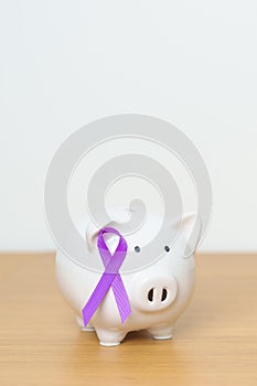 Purple Ribbon with Piggy Bank for Pancreatic, Esophageal, Testicular cancer, world Alzheimer, epilepsy, lupus, Sarcoidosis,