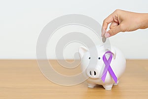 Purple Ribbon with Piggy Bank for Pancreatic, Esophageal, Testicular cancer, world Alzheimer, epilepsy, lupus, Sarcoidosis,