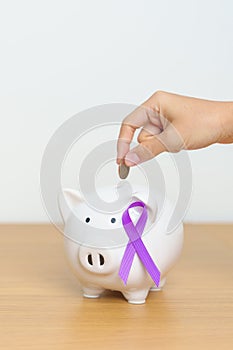 Purple Ribbon with Piggy Bank for Pancreatic, Esophageal, Testicular cancer, world Alzheimer, epilepsy, lupus, Sarcoidosis,