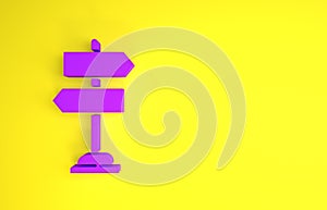 Purple Road traffic sign. Signpost icon isolated on yellow background. Pointer symbol. Isolated street information sign