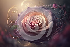 a purple rose with a green leaf on a dark background with swirls and swirls on the edges of the image, with a gold and white