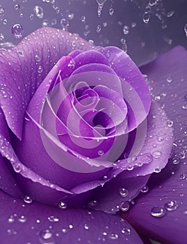 Purple rose with green leaves There are water droplets on the petals