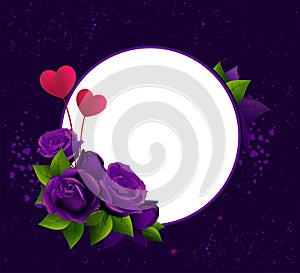 Purple roses and two heart shape symbol love. Frame template greeting card