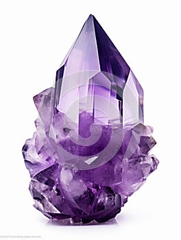Purple rough amethyst quartz crystal isolated over white background. Violet semiprecious natural stone mineral photo