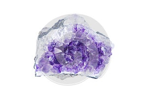 Purple rough Amethyst quartz crystals geode isolated on white background. Violet Crystal Stone macro mineral