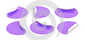 Purple round peel off stickers, 3d render icons set. Realistic mockup of blank circle adhesive paper patches, sticky