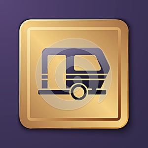 Purple Rv Camping trailer icon isolated on purple background. Travel mobile home, caravan, home camper for travel. Gold