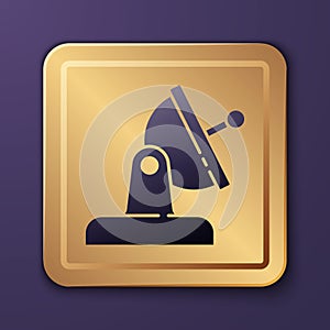 Purple Satellite dish icon isolated on purple background. Radio antenna, astronomy and space research. Gold square