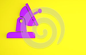 Purple Satellite dish icon isolated on yellow background. Radio antenna, astronomy and space research. Minimalism