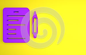 Purple Scenario icon isolated on yellow background. Script reading concept for art project, films, theaters. Minimalism