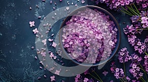 Purple sea salt in bowl surrounded by flowers