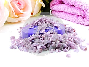 purple sea salt spa and soap lavender scent on white background