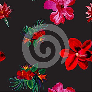 Purple Seamless Painting. Green Watercolor Backdrop. Colorful Flower Leaves. Red Hibiscus Leaves. Pattern Backdrop. Pink Summer Pl