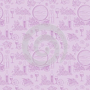 Purple seamless pattern with grapes and bottles - vector grape background