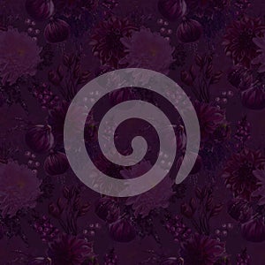 Purple seamless pattern. Purple flowers, berries and figs.