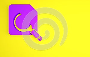 Purple Search concept with folder icon isolated on yellow background. Magnifying glass and document. Data and