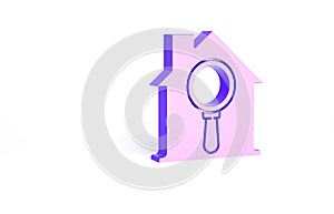 Purple Search house icon isolated on white background. Real estate symbol of a house under magnifying glass. Minimalism