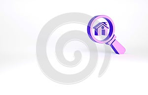 Purple Search house icon isolated on white background. Real estate symbol of a house under magnifying glass. Minimalism