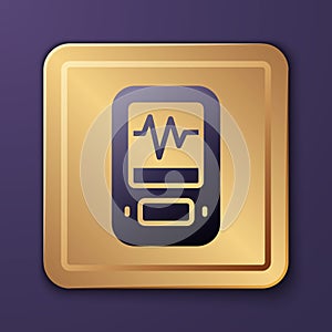 Purple Seismograph icon isolated on purple background. Earthquake analog seismograph. Gold square button. Vector