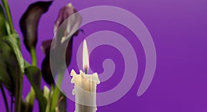 Purple sepals of the Calla lily near burning wax candle