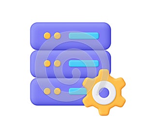 Purple server with yellow gear. Technology, cloud computing, hosting, devops, system settings, configuration, data management