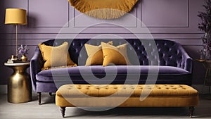 Purple settee paired with mustard-yellow tufted cushions and davenport against a soft violet wall. Interior design. Generative AI