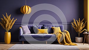 Purple settee paired with mustard-yellow tufted cushions and knitted plaid against a soft violet wall. Interior design. Generative