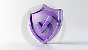 Purple shield with check mark symbol. This minimalistic 3d icon represents safety security and protection. Visual graphic ideal