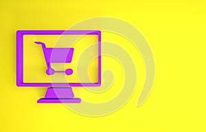 Purple Shopping cart on screen computer icon isolated on yellow background. Concept e-commerce, e-business, online