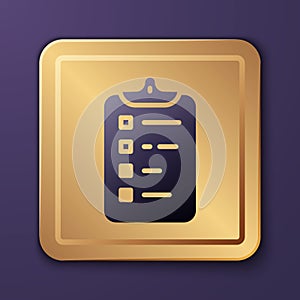 Purple Shopping list icon isolated on purple background. Gold square button. Vector