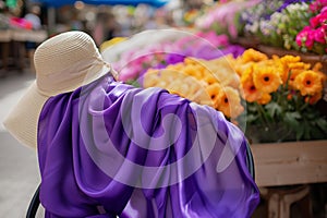purple silk scarf on a chair with a sun hat, flower market in soft focus behind