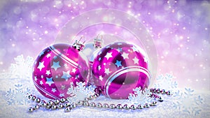 Purple and silver christmas balls on snow with glitter bokeh background. Seamless loop. 3D render