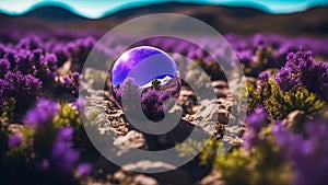 purple silver orb A strange and exotic planet with purple and green vegetation, rocky mountains, and a blue sky.
